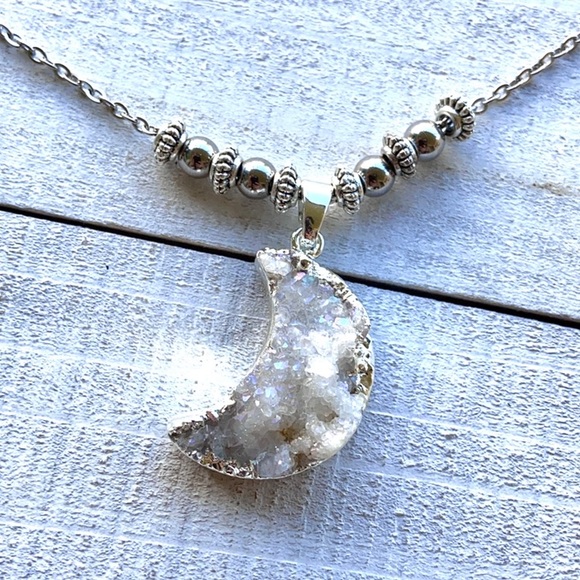 Iridescent Druzy crystal quartz crecent moon steel chain necklace boho stones - Picture 3 of 11